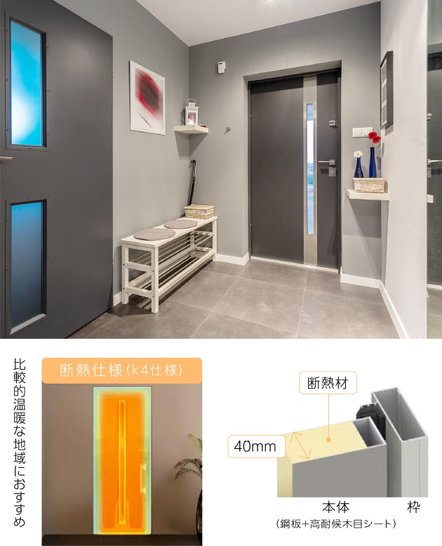 扉のある室内の様子 断熱仕様（k4仕様）比較的温暖な地域におすすめ サーモグラフィで扉がオレンジ色になっている様子 扉の断面図 本体（鋼板＋高耐候木目シート）の中に断熱材40㎜
